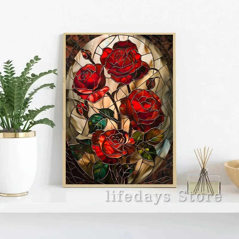 Floral Stained Glass Tulip Sakura Snowdrops Sunflower Rose Poster Canvas Printing Wall Art Picture for Living Room Home Decor