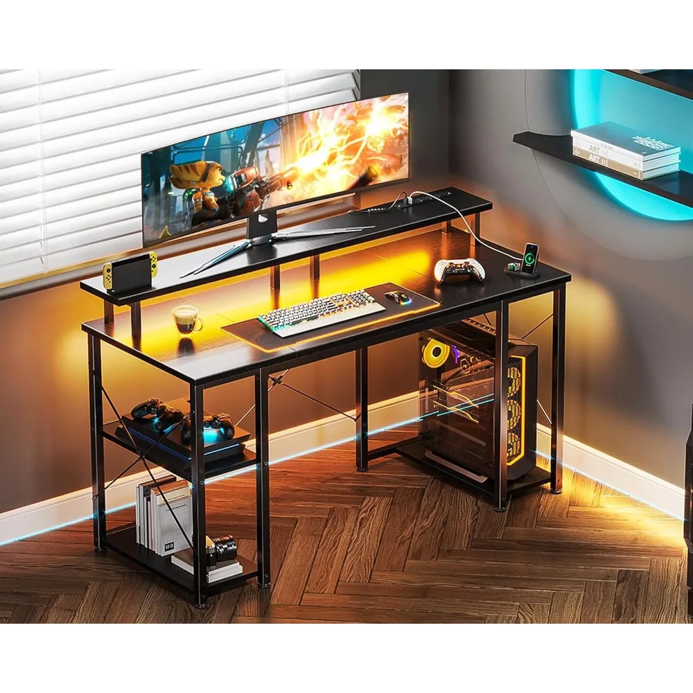 Inch Gaming Desk with LED Lights & Power Outlets, Computer Desk with Monitor Stand & Storage Shelves, CPU Stand,Home Office Desk