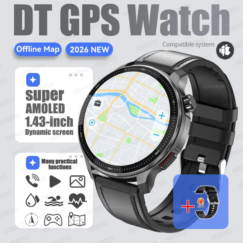 2026Nieuwe Tactische Sport Smartwatch Mannen Ingebouwde GPS Offline Kaart 4GB Geheugen 10ATM/IP69K Waterdicht Zwemmen Militray Smart Bracele