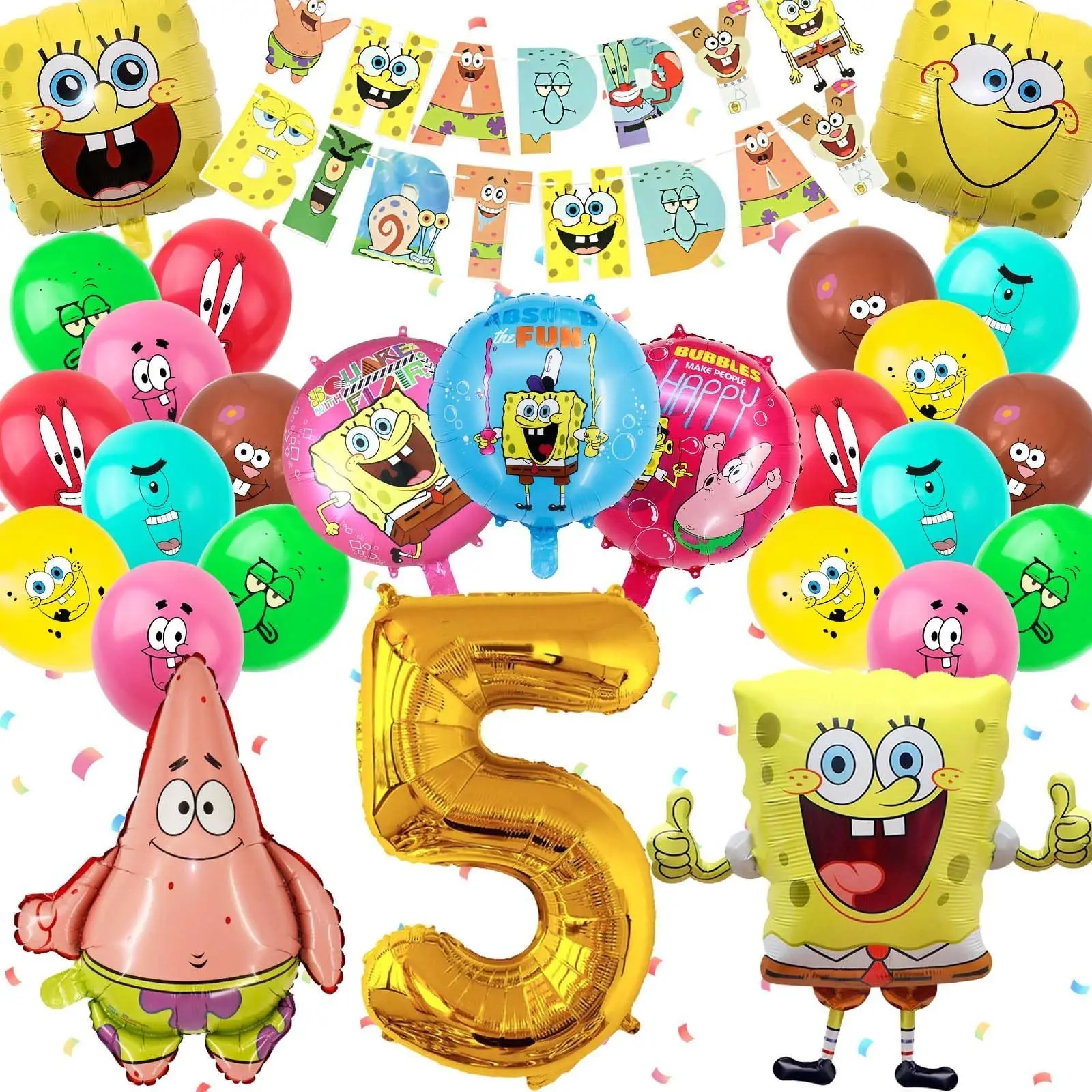 

Cute SpongeBob Birthday Cartoon Balloon Set 27pcs Party Decor with Patrick Star & Gold Number Foil Balloons Themed Party