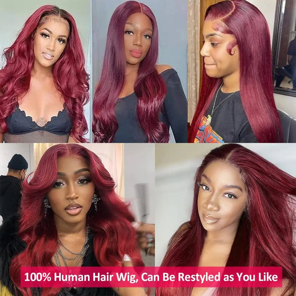 Swupod 200 Density 13x4 HD Transparent Lace Front Wig for Black Women Straight Remy Human Hair Wigs 99J Burgundy Color Glueless