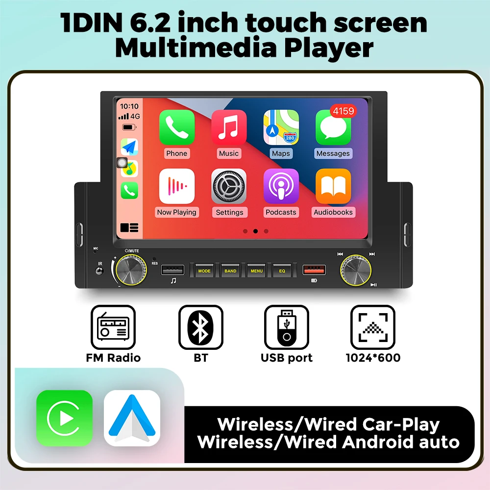 

NaviFly 1DIN 6,2-дюймовый мультимедийный MP5-видеоплеер Android Auto Проводной головное устройство CarPlay для универсального автомобильного радио Autoaudio FM USB