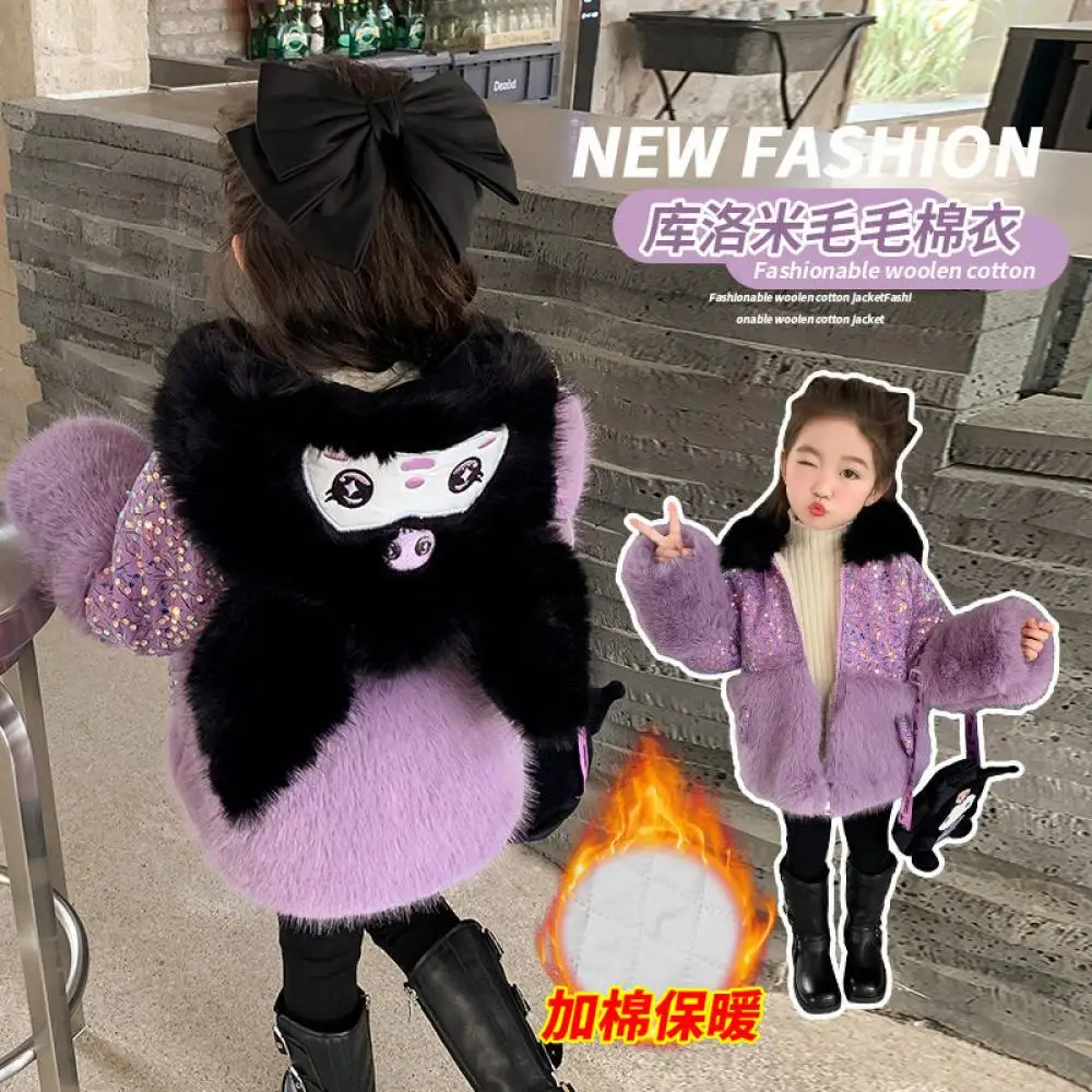 Anime Kuromi Girls Winter Plush Sequin Hooded Jacket Sanrioed Kids Parka Clothes Soft thicken warm Coat Snow tops Outerwear Gift