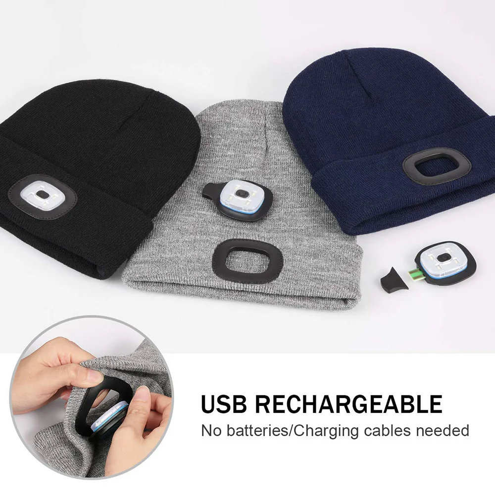 USB Rechargeable Hands Free 4 LED Headlamp Cap Winter Knitted Night Lighted Hat Flashlight Women Men Gifts for Dad Him Husband