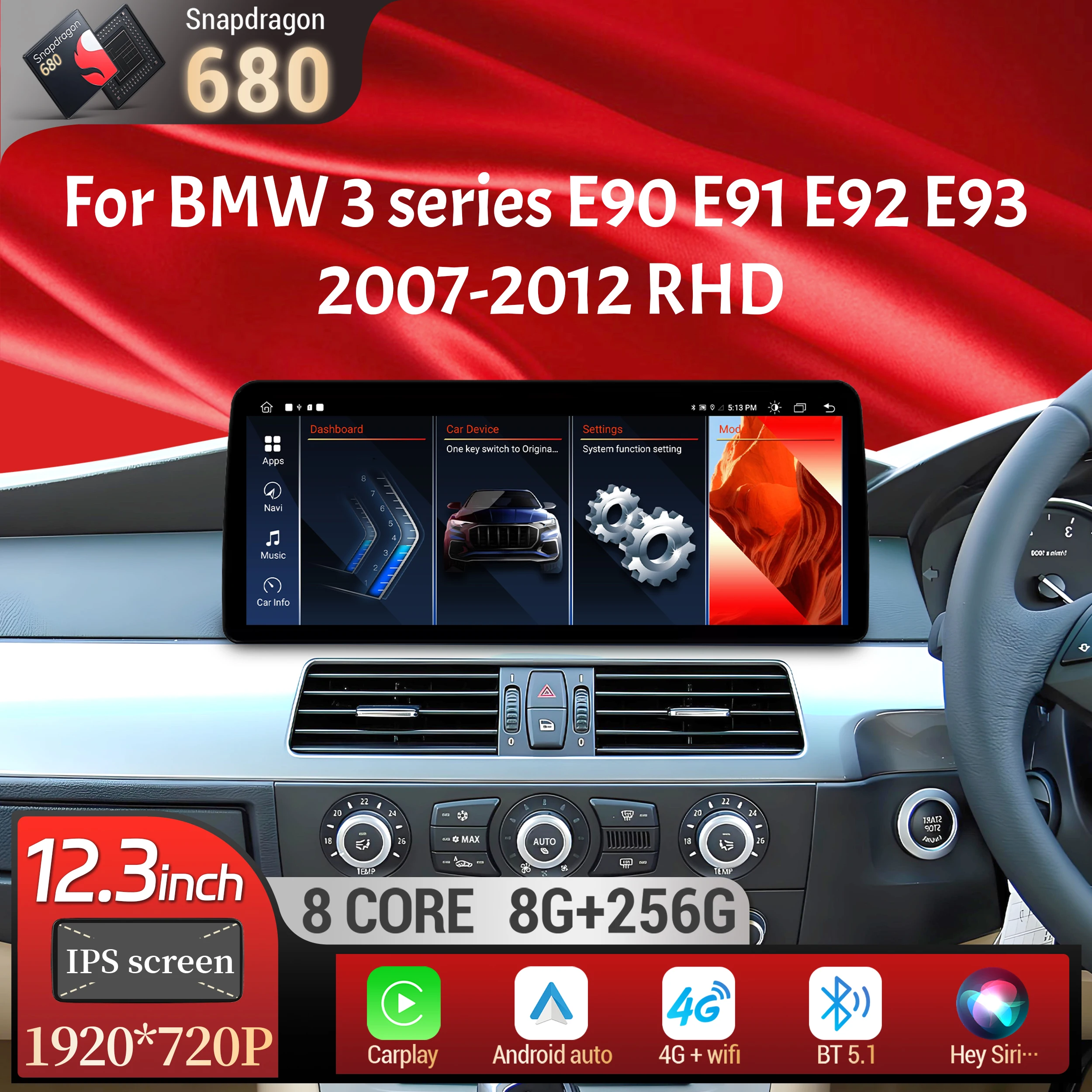 12.3 inch Right Hand Drive Android 13 For BMW 3 series E90 E91 E92 E93 2007-2012 Car Radio Carplay Snapdragon 680 Touch Screen