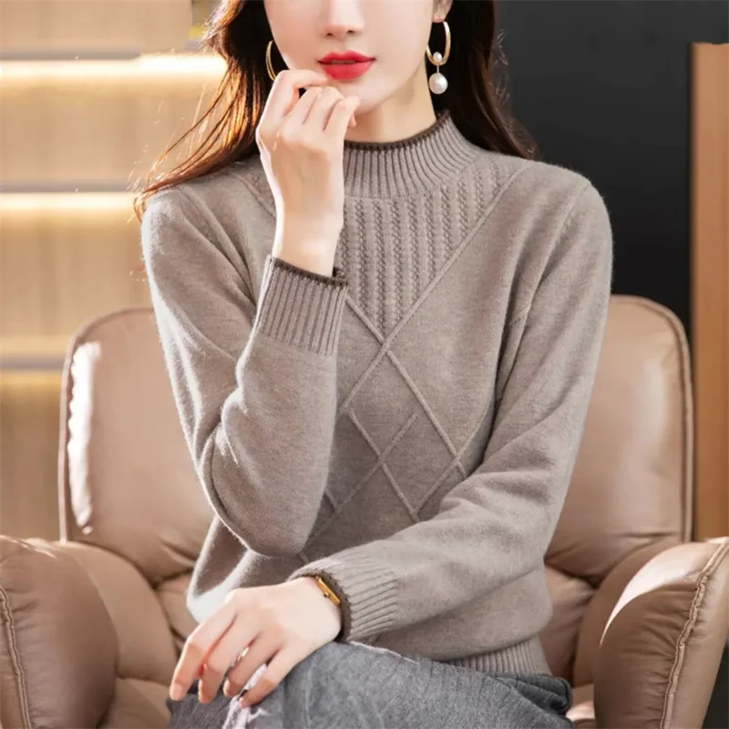 2024 Spring Autumn Thick Sweaters New Half High Neck Warm Bottoming Shirt Wool Pullover Tops Women Pull Femme Jersey Tops