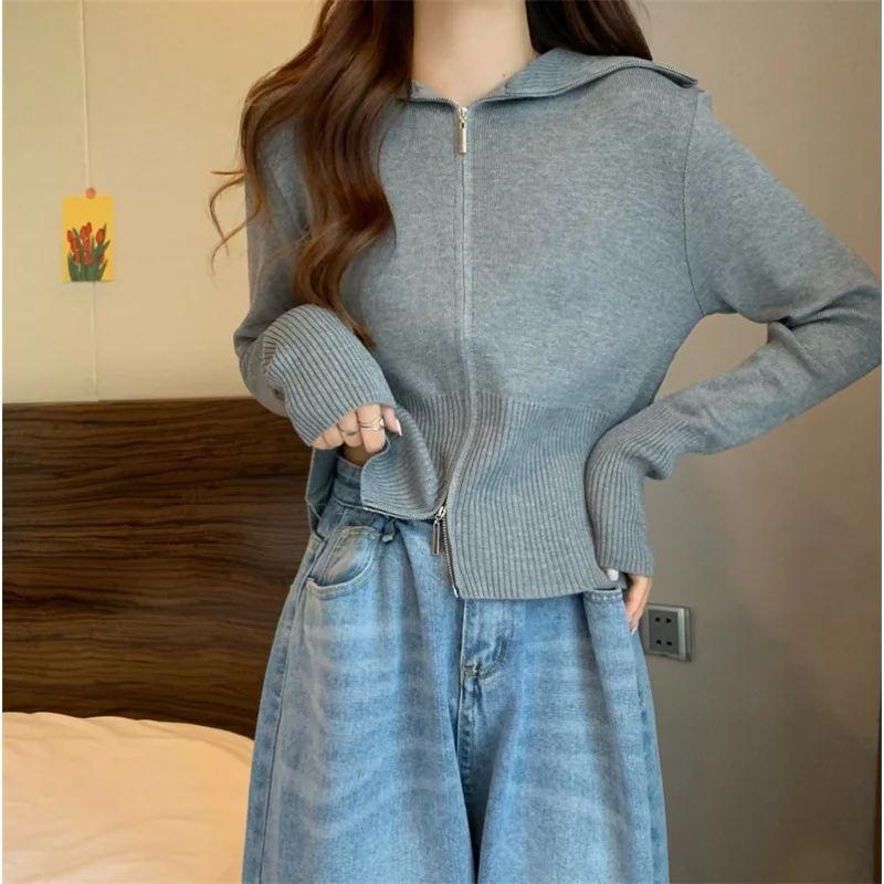 Dzianinowe swetry z zamkami błyskawicznymi, stójką, damskie, uliczne, khaki, kardigany z długim rękawem, topy, nowa kolekcja jesień 2025, damskie, jednolite, dzianiny.
