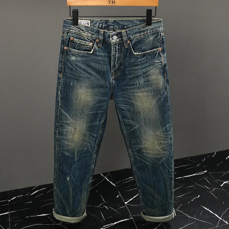 Celana Jeans Vintage Tebal Musim Gugur Pria, Berat, Distressed, Tren Fashion Jalanan, Warna Nostalgia, Model Lurus Longgar