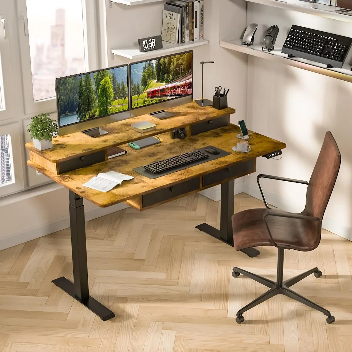 Standing Desk 4 Drawers Height Adjustable 55x30 Sit Stand Computer USB Ports Cable Tray Monitor Stand Home Office, Customized