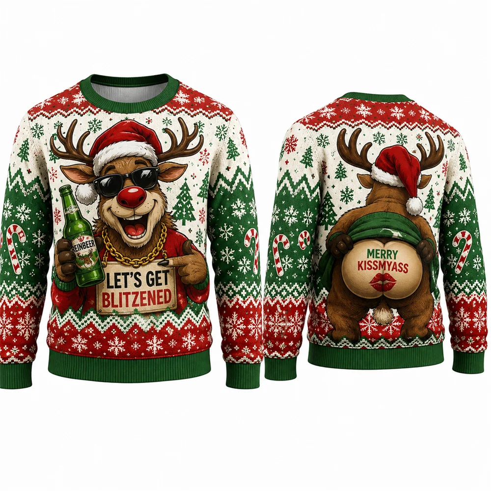 Lets Get Blitzened Reindeer Christmas Sweatshirt 3D Print Crewneck Unisex New Funny Ugly Xmas Party Holiday Jumper Autumn Wear