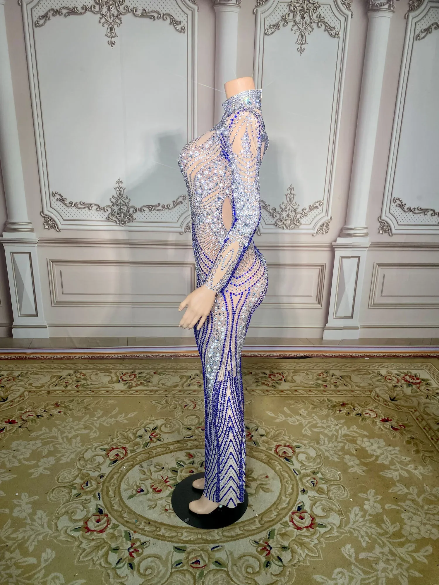 Customized New Sexy Lace Transparent Diamond Pearl Sequins Feather Water Diamond Wrap Hip Dress Long Dress Performance Dress