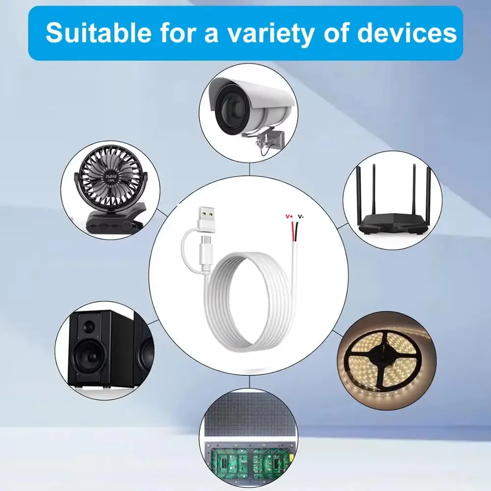 كابل ضفيرة من النوع C ثنائي النواة، وصلة كابل USB إلى 2Pin عارية كابل طاقة DIY سلك شحن USB C 5 فولت للاستبدال أو الإصلاح