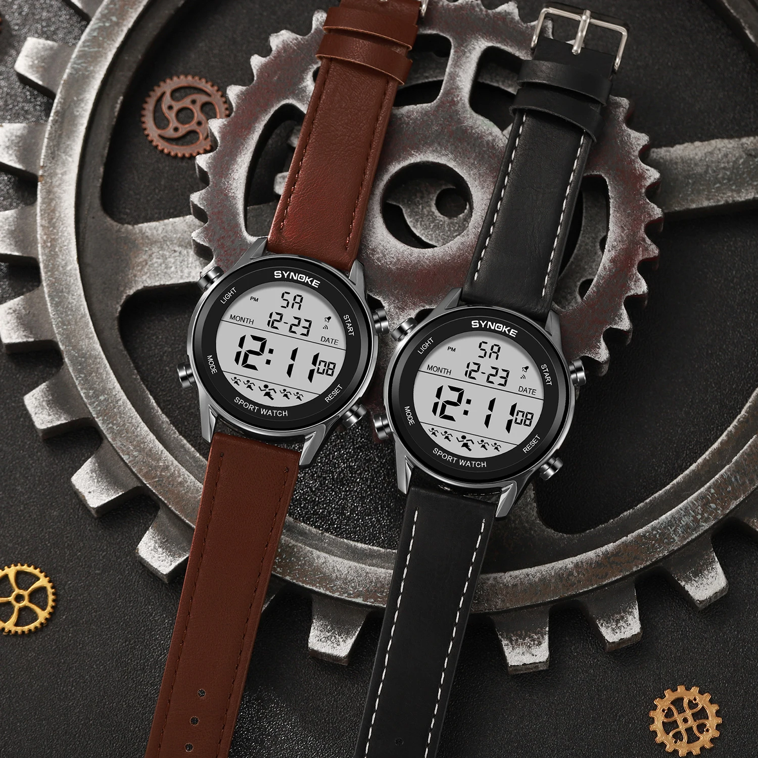 남성용 디지털 스포츠 시계, 가죽 스트랩, SYNOKE 9855 전기 손목시계, 대형 스크린, 50M 방수
