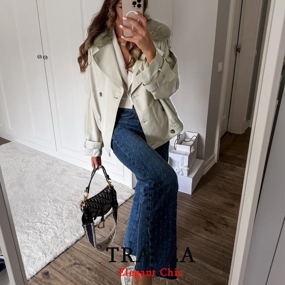 

KONDALA-Women Elegant Short Jacket Fake Fur Collar Lapel Short Windbreaker Jacket New 2025 Spring Fall Fashion Outing Jacket