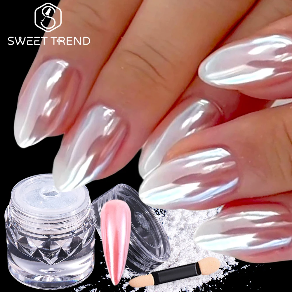 SWEET TREND-1/2 Boxen Weißes Klares Perlen-Chrom-Nagelpulver Aurora Mondlicht Spiegel-Nagelglitter-Pulver Pigment Maniküre-Dekoration