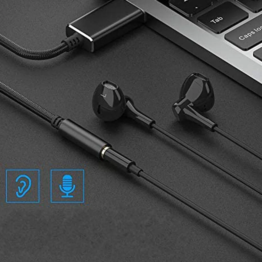 Adaptador de Audio USB a conector de auriculares de 3,5mm, tarjeta de sonido estéreo externa para PC, ordenador portátil, PS4, Mac, etc. (0,6 pies, negro)