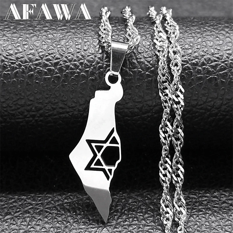 Megan David Star Israel Map Pendant Necklace for Women Men Stainless Steel Silver Color Jewish Water Wave Chain Jewelry