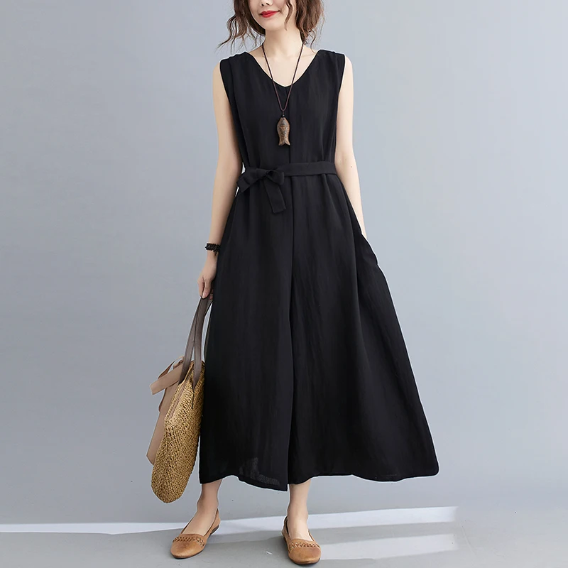 Japanese Korea Style Sleeveless Loose Summer Jumpsuits Thin Wide leg pants Dress sashes Fashion Women Casual Rompers Overalls