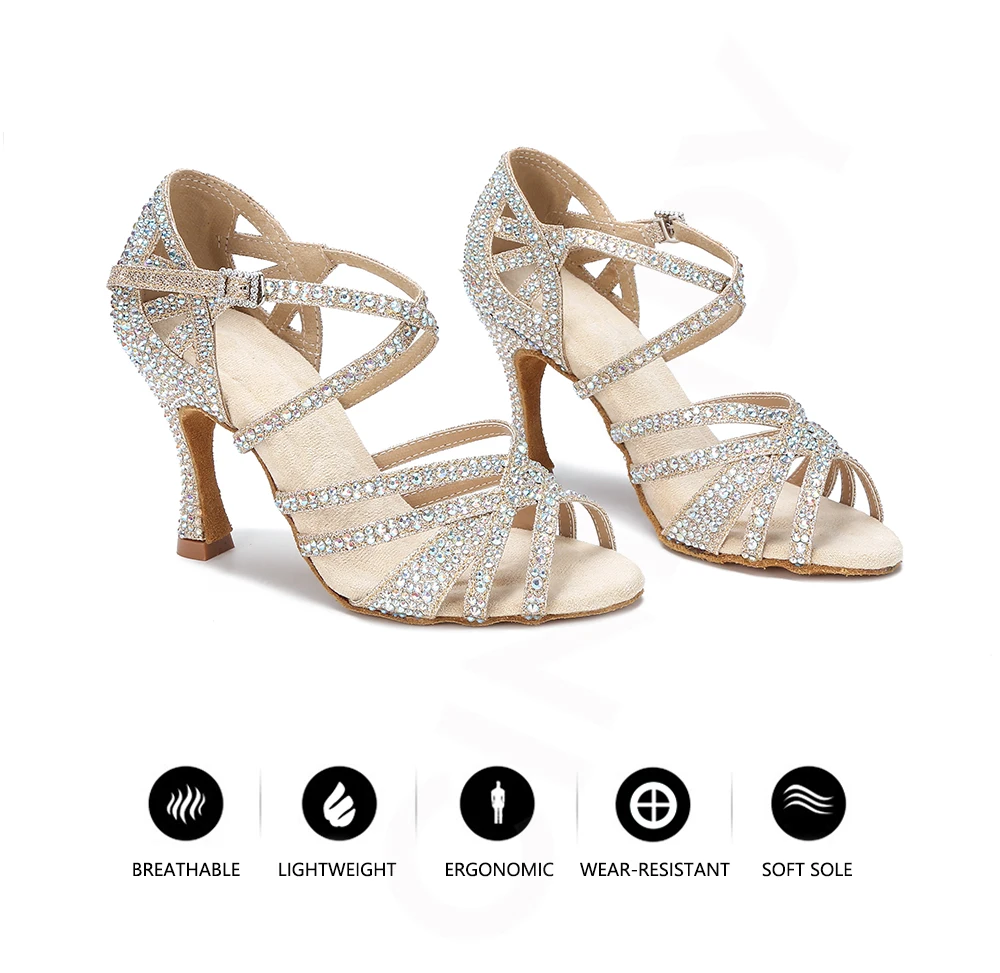 CINMIDY Satin Glitzer Tanzschuhe Damen Strass Latein Tanzschuhe Ballsaal Tanzschuhe High Heels Party Schuhe Damen Hochzeitsschuhe – Detail 4