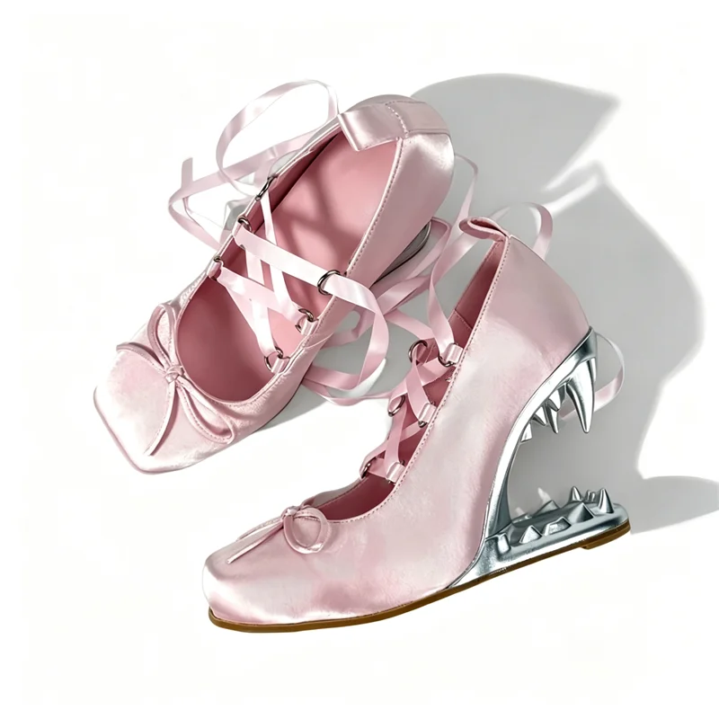 Pink Satin Women Pumps Cross Ribbon Bow Shark Tooth Heel Gothic Y2K Party Shoes Unique Irregular Weird High Heel Dress Footwear