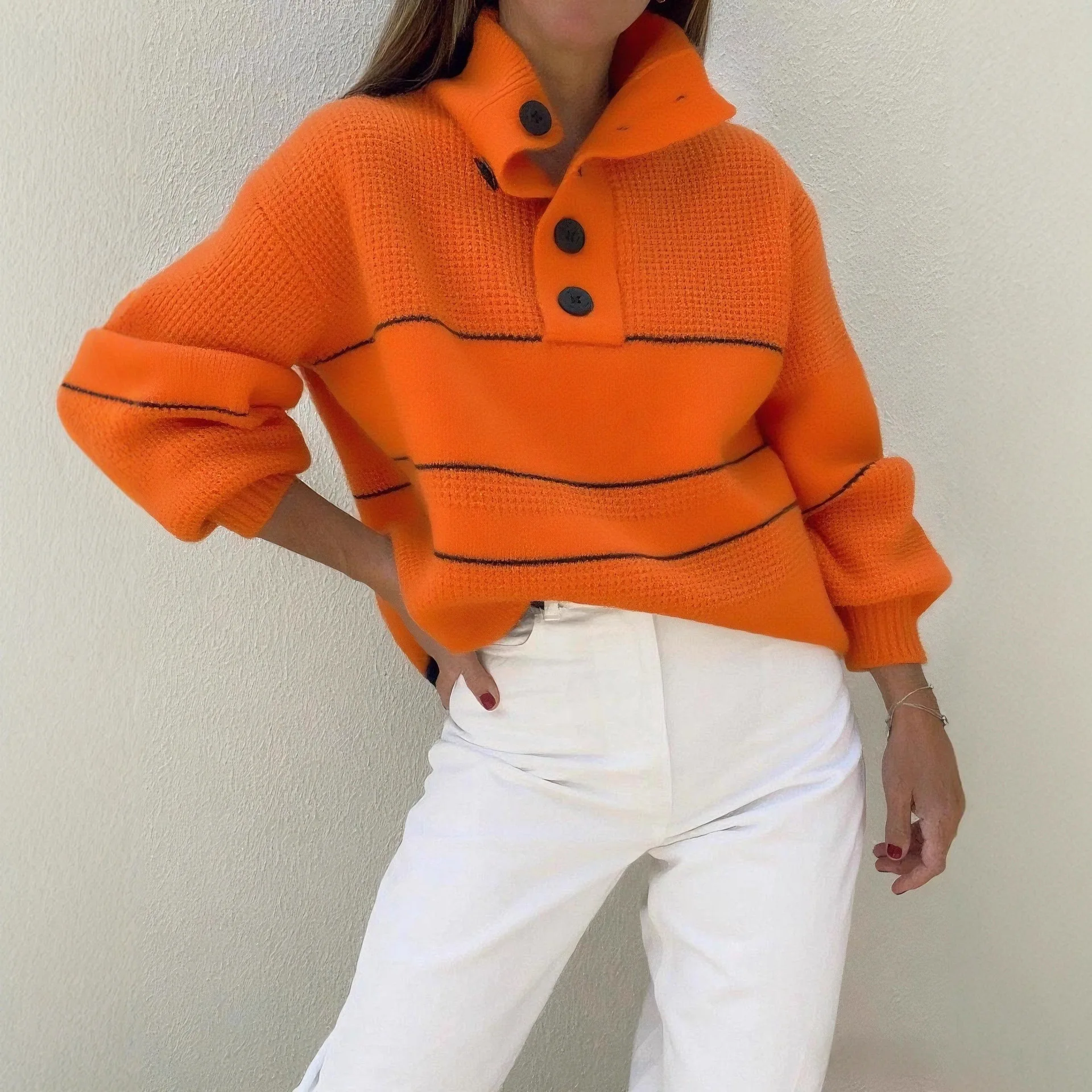 Damenbekleidung Winter Vielseitiger Damen Kleidung Polo Neck Pullover Pullover Pull En Maille Femme Half Button Long Sleeve Sweater