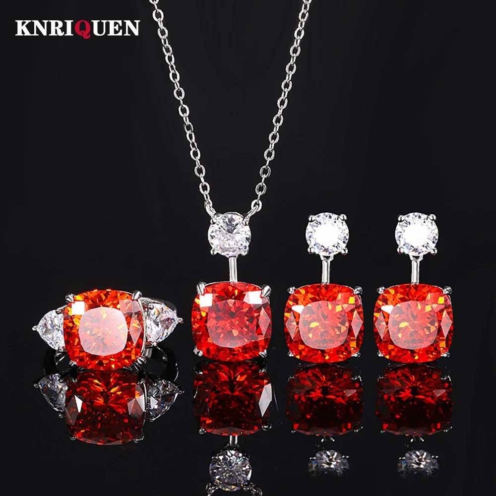 2025 Retro 12*12mm Lab Ruby Gemstone Necklace Pendant Ring Earrings Cocktail Party Fine Jewelry Set for Women Accessories Gift