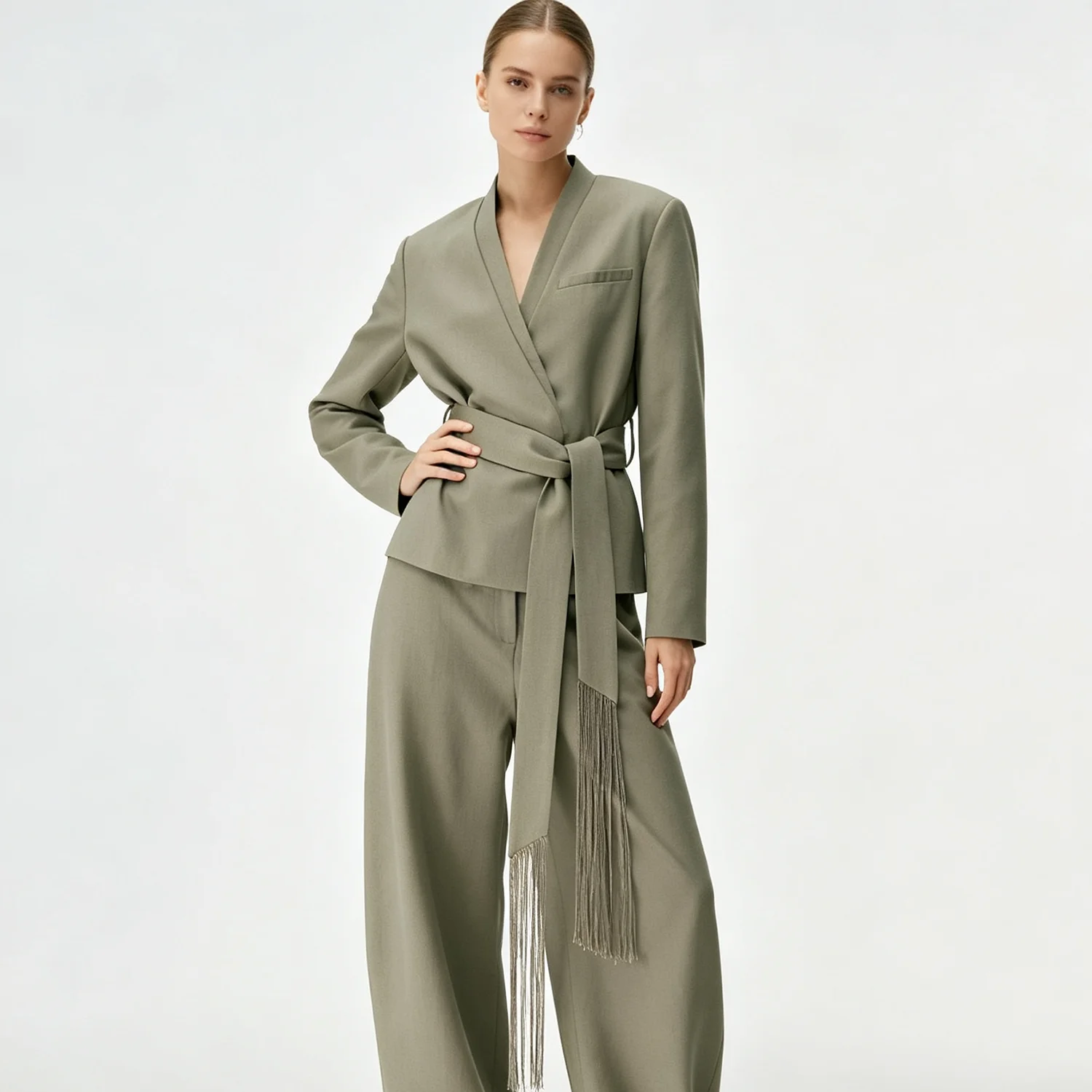 PUAL  2026 New Minimalist V Neck Wrap Jacket, Women Fringe Belt Waistband Olive Green Formal Blazer For Daily Wear