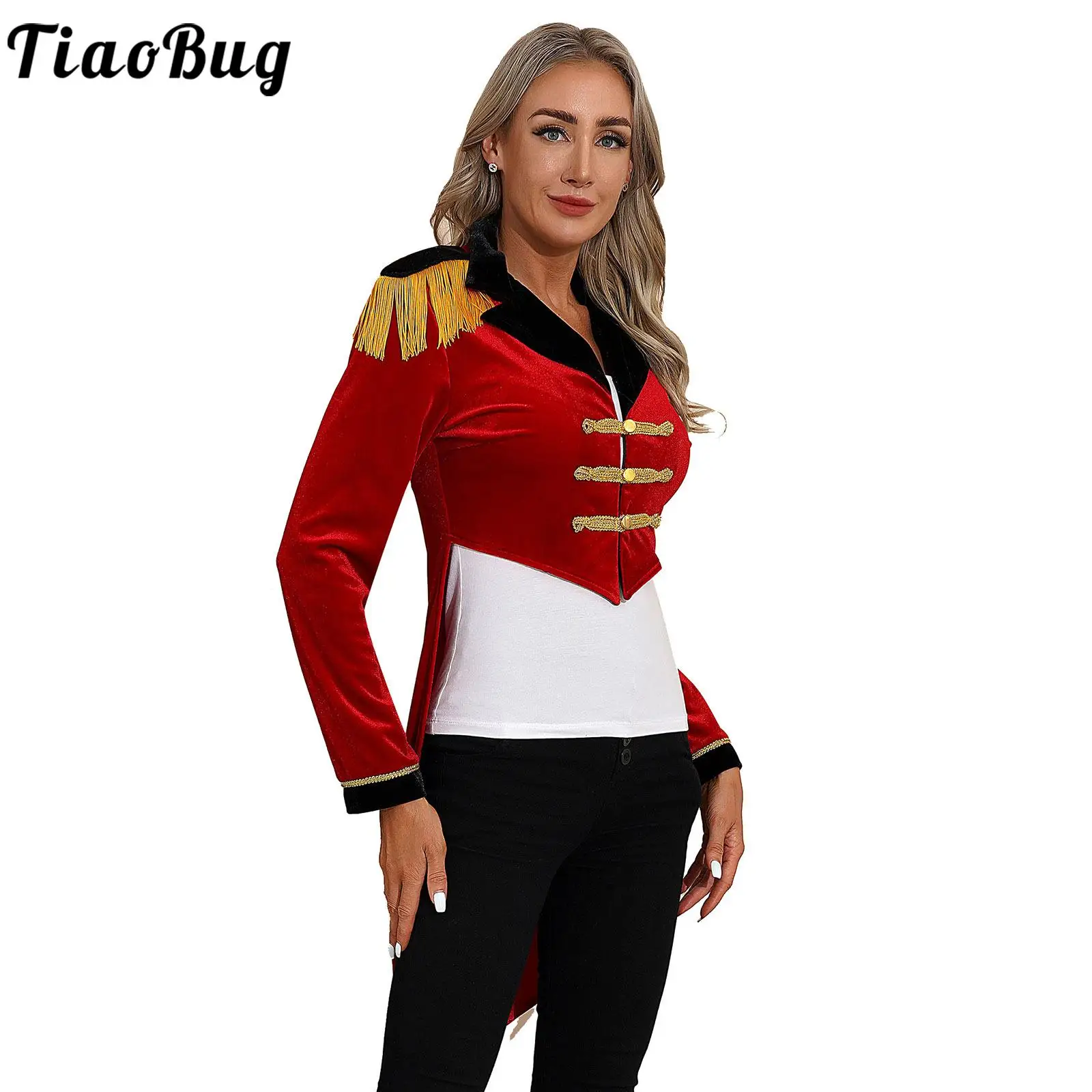 Womens Ringmaster Tailcoat Cosplay Coat Circus Magic Show Stage Performance Outwear Color Block Lapel Long Sleeve Velvet Coat