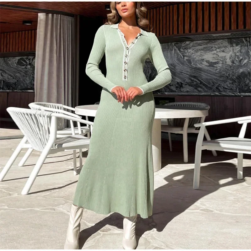 

Casual Knitted Mid-calf Dress Women Slim Turn-down Collar Single Breasted Dresses Female 2024 Spring Autumn New Chic Lady Robe