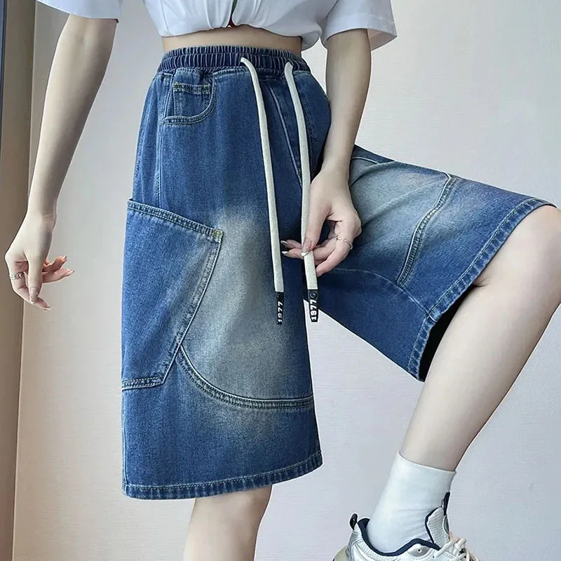 Womens New Summer Denim Shorts Loose Fit American Casual Straight Knee-Length Pants