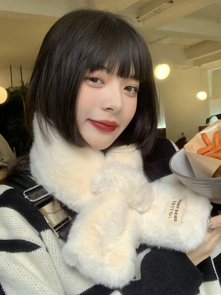 Furry Small Scarf Women's Winter Fashionable Korean Style Warm Neck Protection White Plush Collar Versatile Accessory for Teens