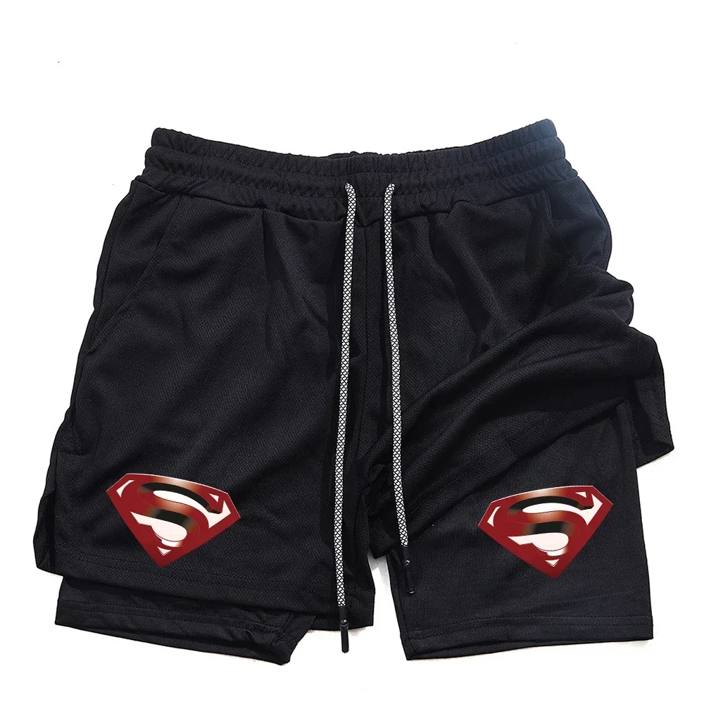 

Superhero Print 2 in 1 Running Workout Sport Mesh Shorts Men Gym Performance Shorts with Phone Pocket Towel Loop Fitness Apparel