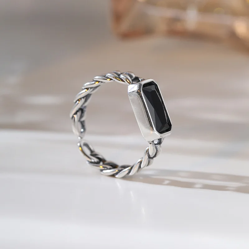 925 Sterling Silver Open Finger Ring Square Black Braid Chain Stackable Geometric Punk For Women Jewelry Gift Dropship Wholesale