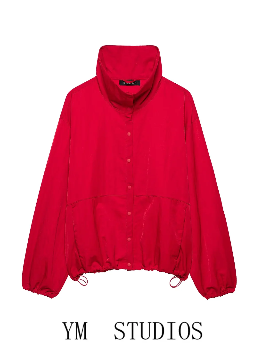 Women's Red Stand Collar Short Jacket Loose Casual Autumn Outerwear Tech Fabric Button up Drawstring Hem Long Sleeve Coat