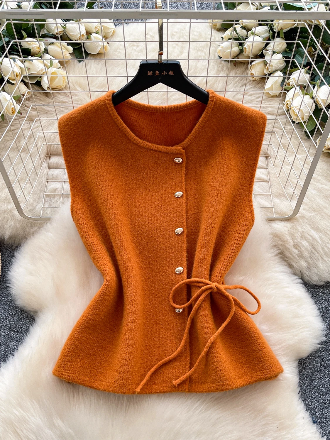 

Корейский модный вязаный жилет с поясом и круглым вырезом, универсальный осенний жилет для женщин