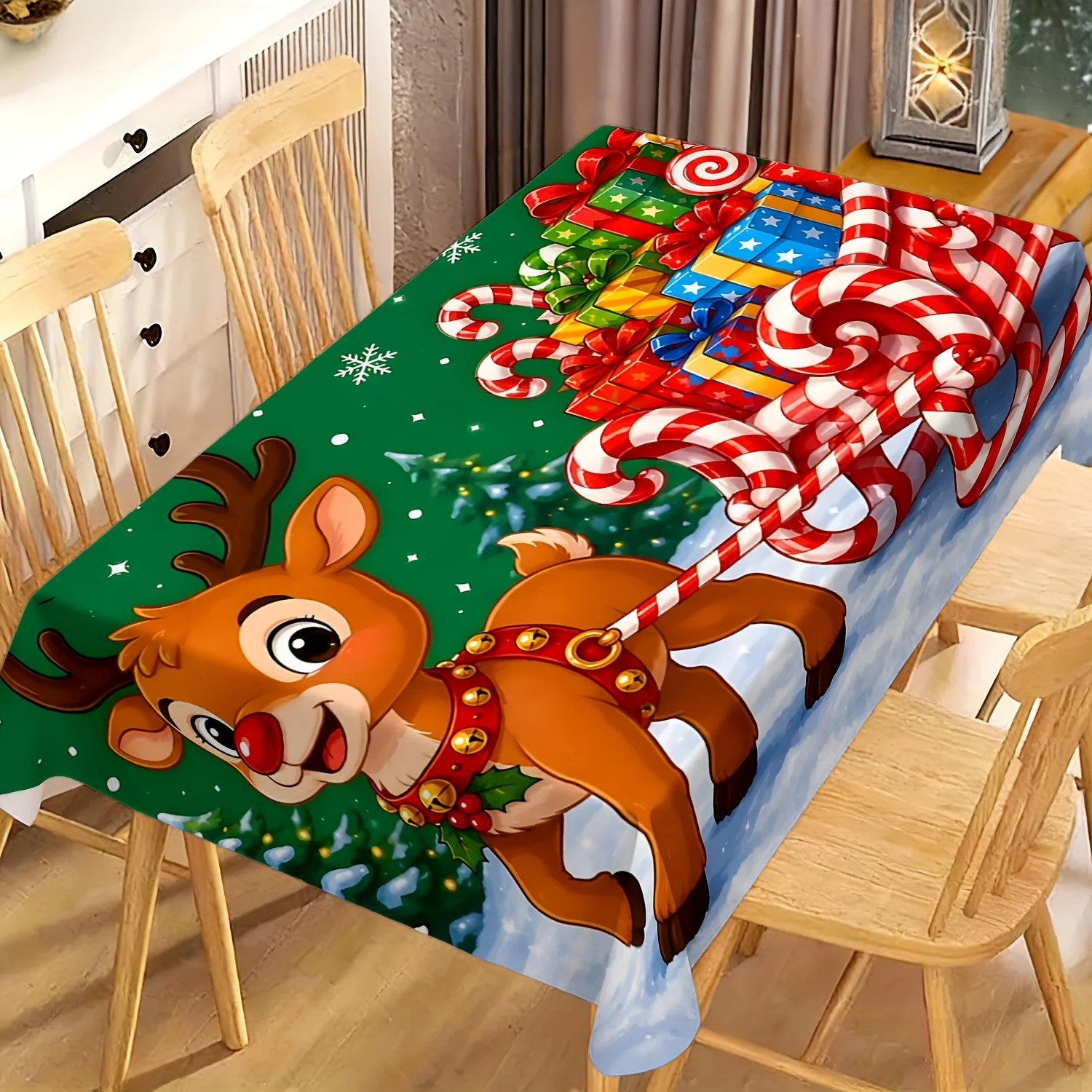 Cute Christmas Rudolph Gift Sleigh Art Print Waterproof Tablecloth, Rectangular Table Cover for Christmas Themed Party Decor