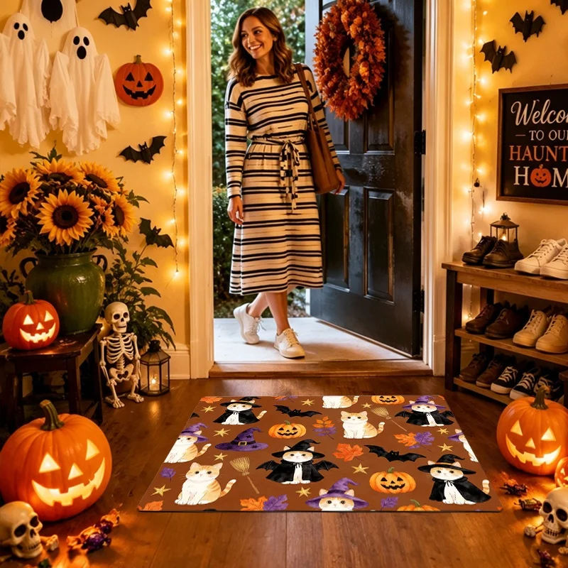 Witch Cat Halloween Doormat, Maple Leaf Bat Print Entry Mat, Spooky Holiday Front Door Home Decor Rug