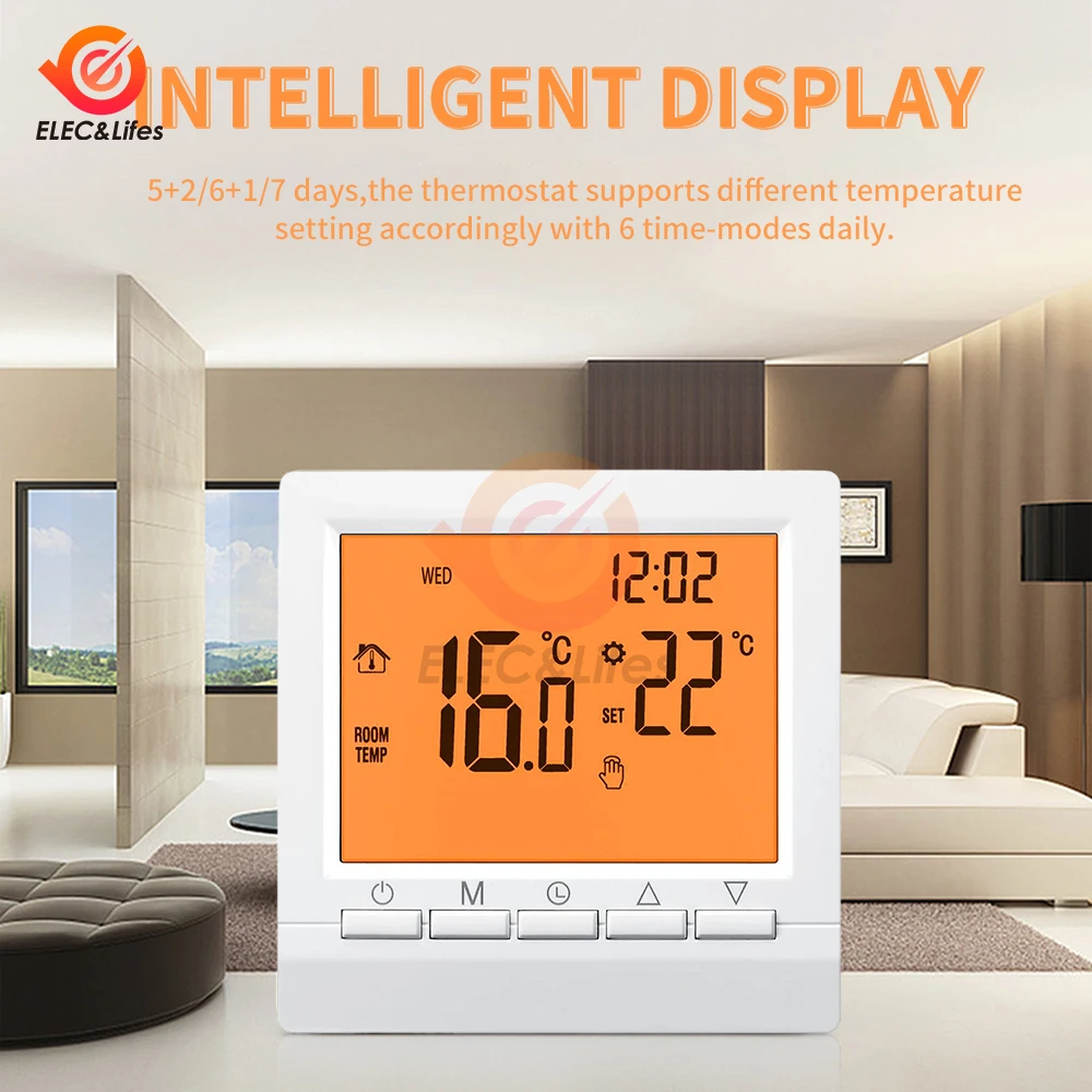 Programmable Wall Mount Gas Boiler Heating Temperature Regulator Hand Controller Thermostat With Kid Lock For Homes Office