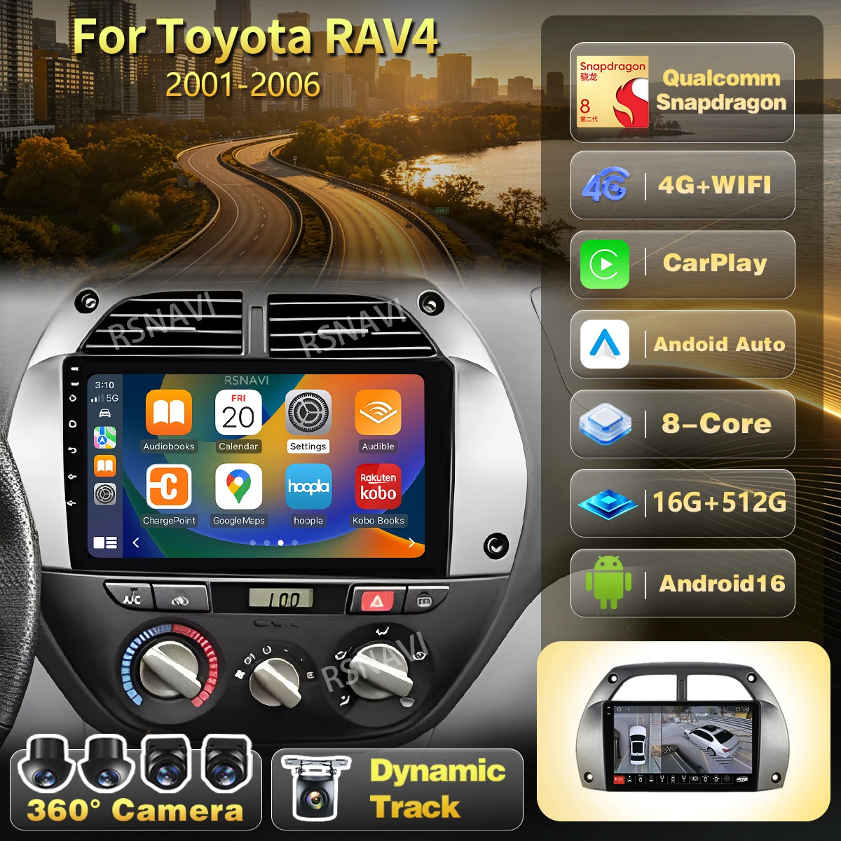 Qualcomm Android 16 Carplay Car Radio For Toyota RAV4 Rav 4 2001 2002 2003 - 2006 BT Multimedia GPS Player Stereo DSP Head Unit