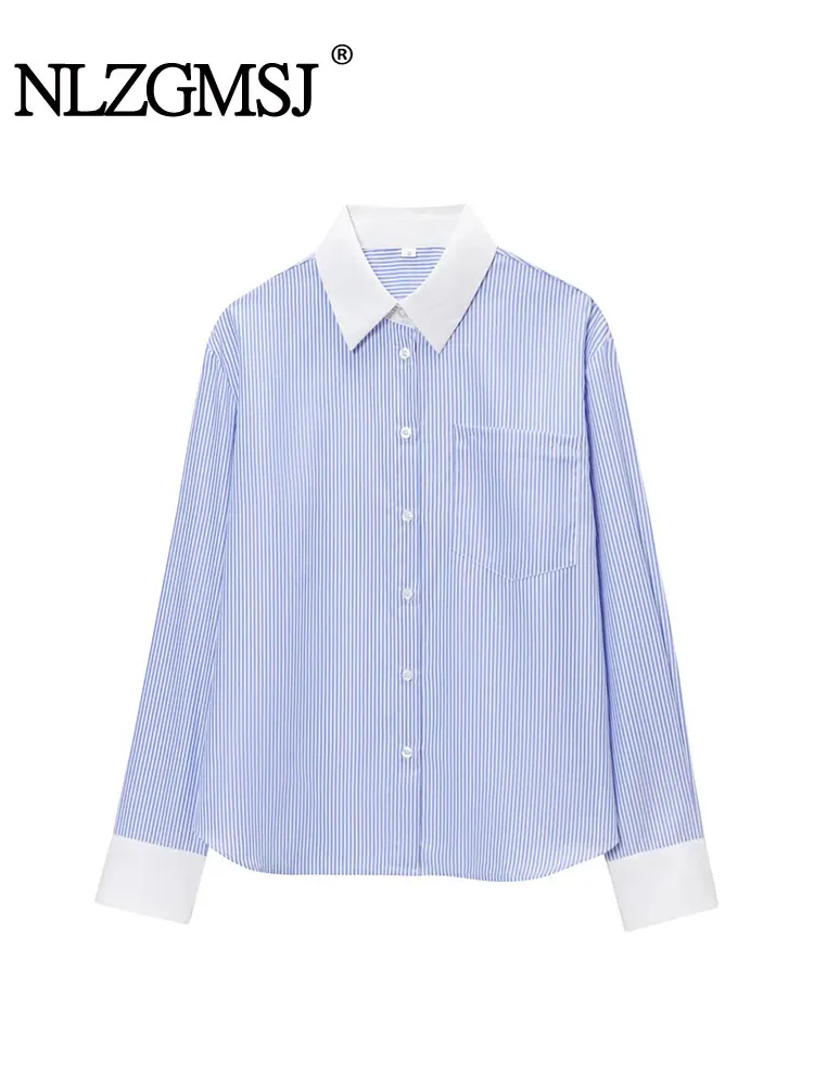 

NLZGMSJ 2025 Casual Women Blouse Blue Striped Turn-down Collar Single Breasted Long Sleeve Loose Blouse New Fashion Shirts