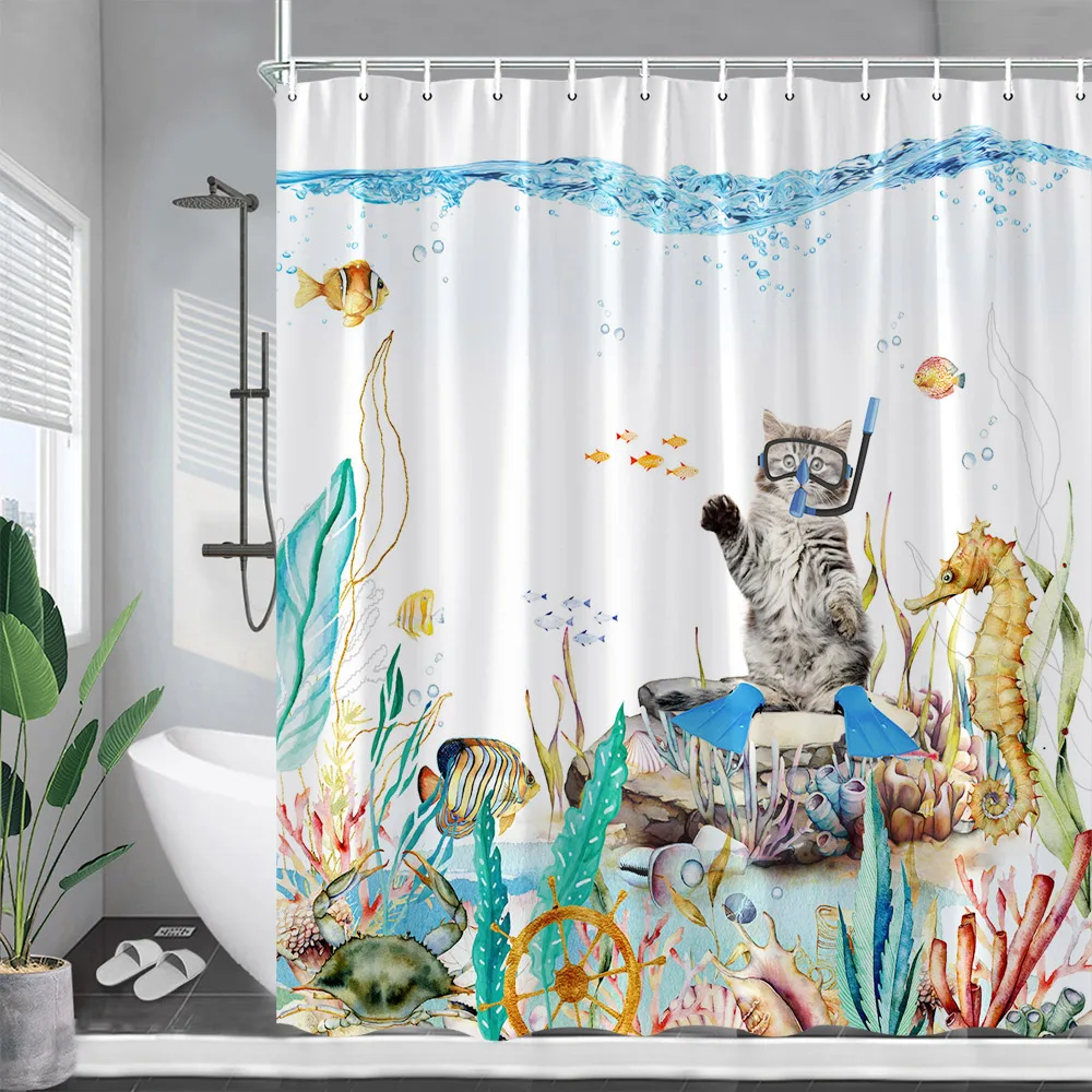 Funny Cat Riding Shark Shower Curtains Sea Waves Cute Animals Creative Children Bath Curtain Polyester Bathroom Decor with Hooks