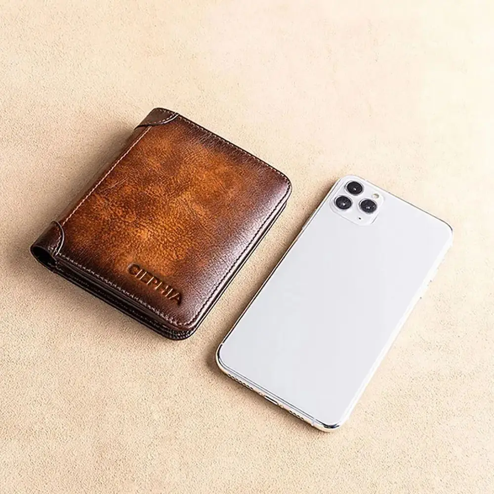 1Pcs Durable PU Leather Men Wallet RFID Blocking Thin Trifold Wallet Short Vintage Male Purse