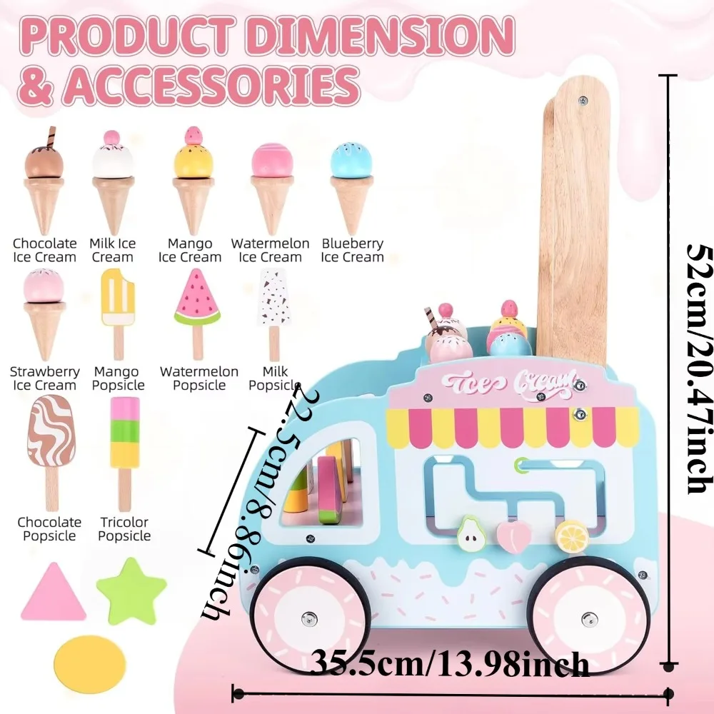 Wooden Ice Cream Cart Baby Walker Kids Learning Walker Push Along Activity Toy Pretend Play Set Toddler Newborn Christmas Gift