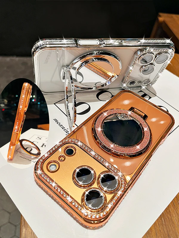 حافظة فاخرة لامعة IMD مرآة ماسية لهاتف آيفون 16 14 11 12 13 15 17 Pro Max مرآة مكياج مطلية بالكهرباء INS Fundas