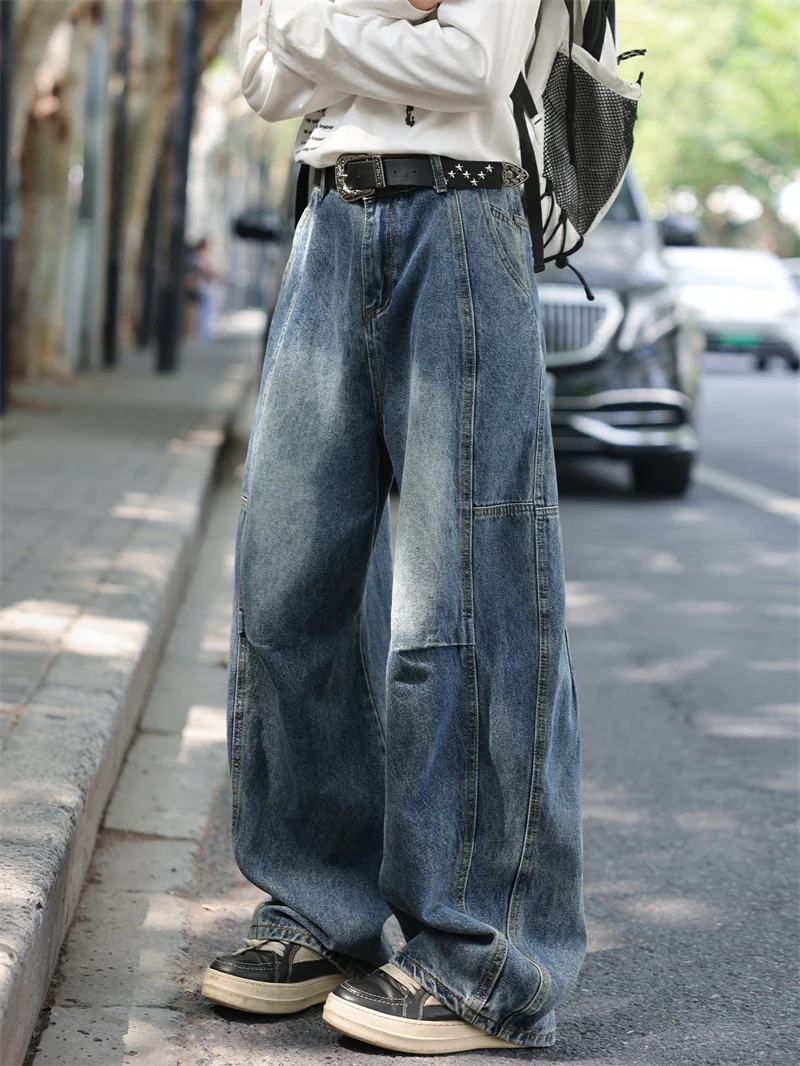 

Waed American High Street Men's Jeans Winter Heavy Straight Leg Wide Leg Patchwork Long Trousers Casual Loose Fit Jeans