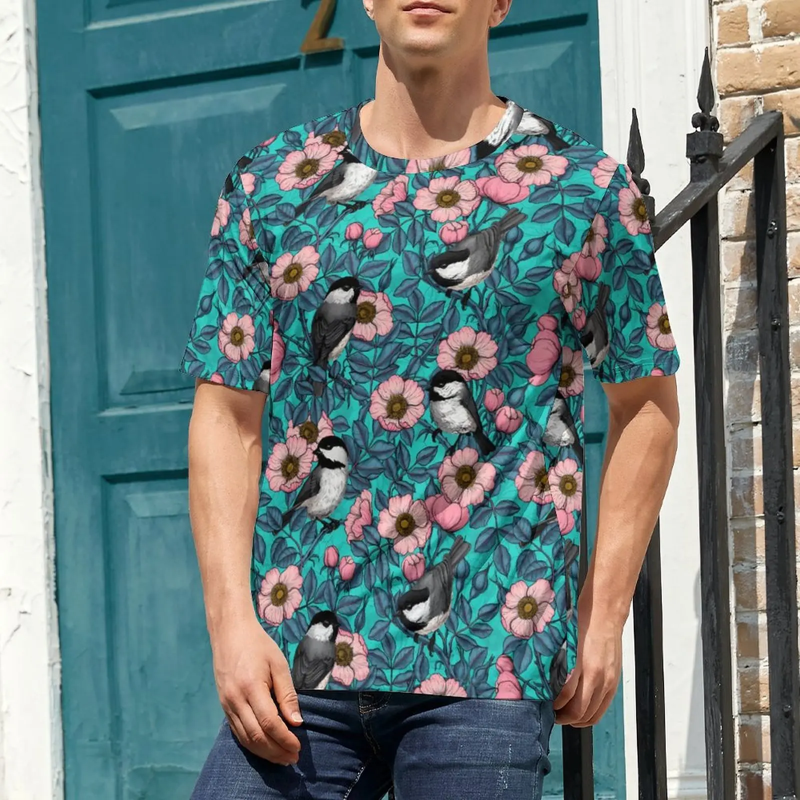 Birds Flower Print T Shirt For Men Pink And Blue Rose O Neck T-Shirts Beach Hippie Clothing Short-Sleeve Basic Oversize Tees