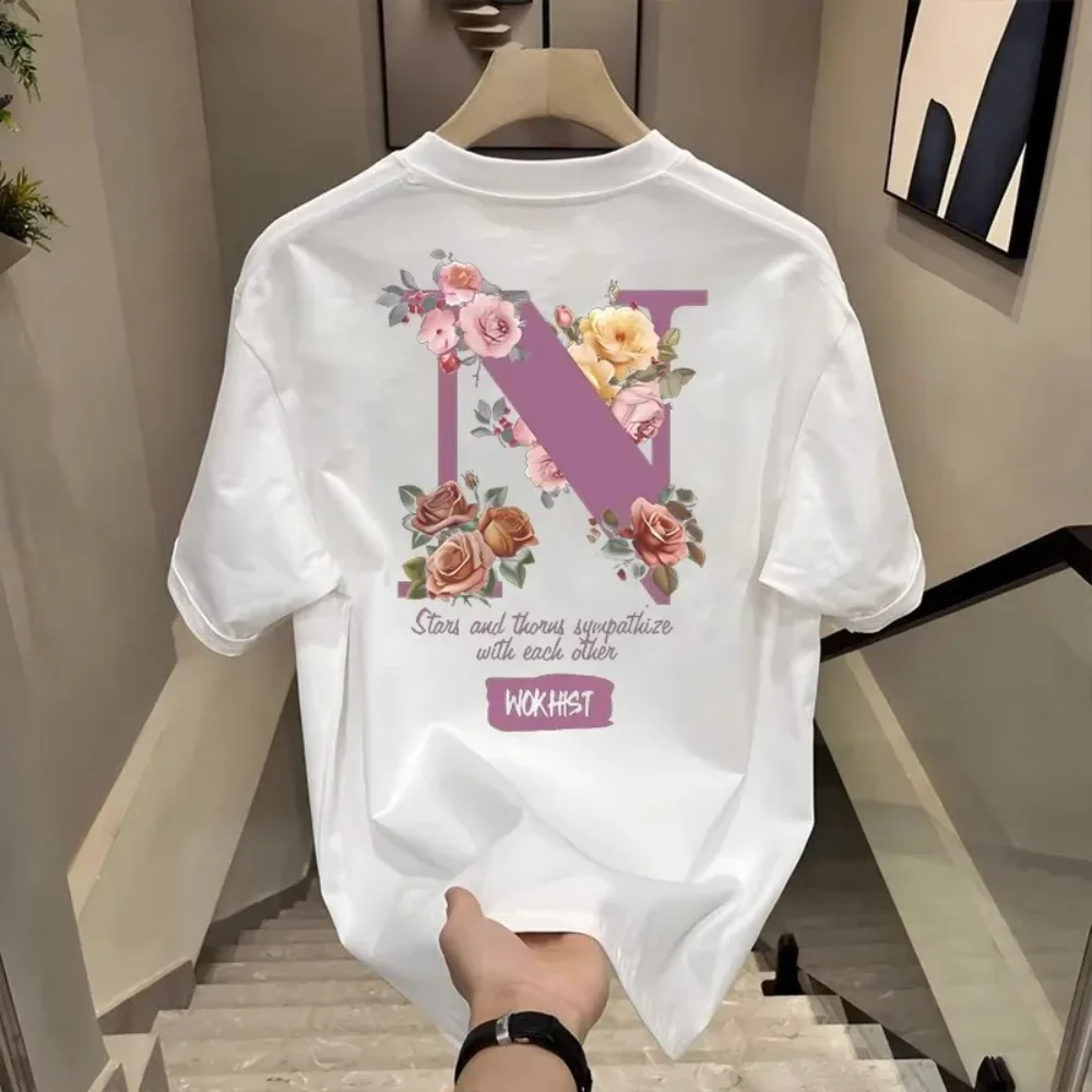 100% Cotton Men's Loose T-Shirt Breathable Casual Fashion French Bulldog Pattern Printed Short Sleeved Round Neck Top