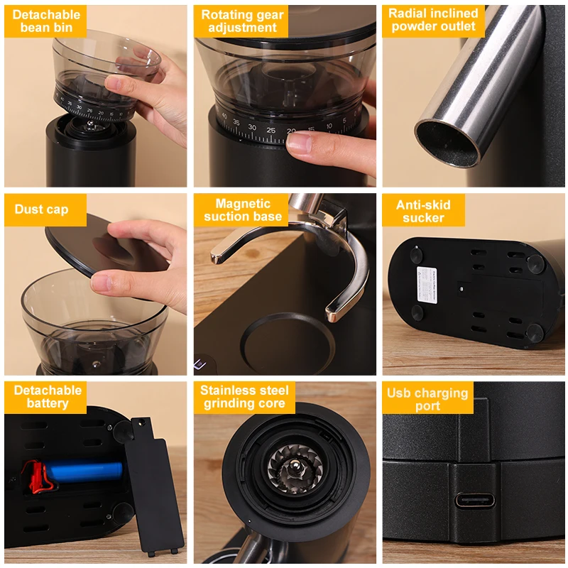 2025 Conical Burr 60 Setting Compact & Quiet Rechargeable Electric Espresso Coffee Grinder For Home Use / Outdoor