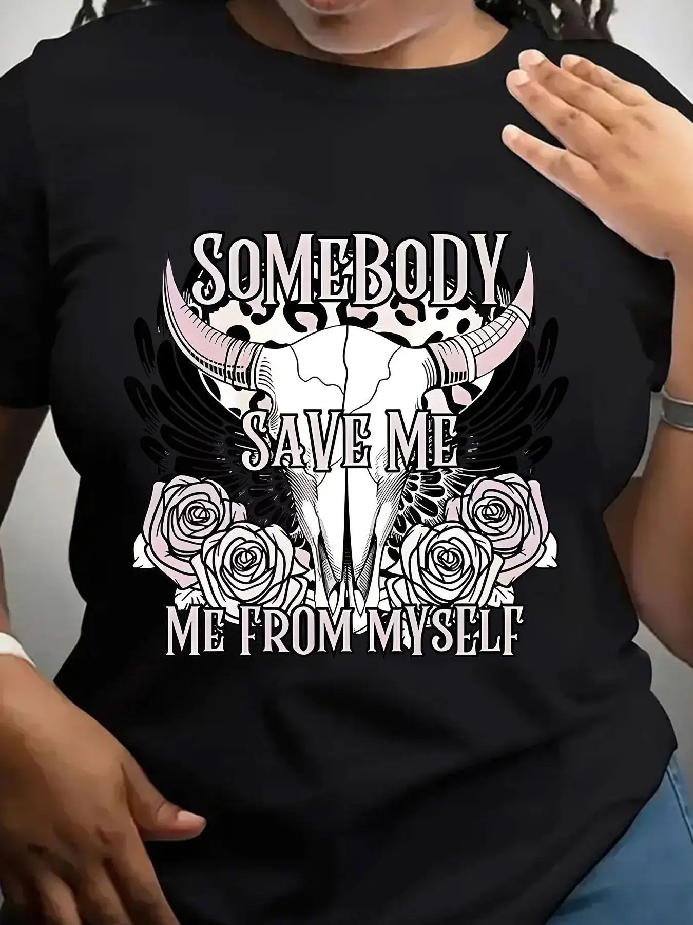 Women's Trendy Crew Neck T-Shirt Somebody Save Me from Myself Suitable for Casual Sportswear