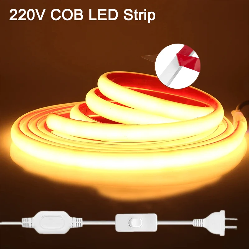 

1 м-50 м 220 В COB светодиодная лента IP65 водонепроницаемая клейкая лента с вилкой переключателя ЕС AU Flex COB светодиодная неоновая лента для домашнего сада